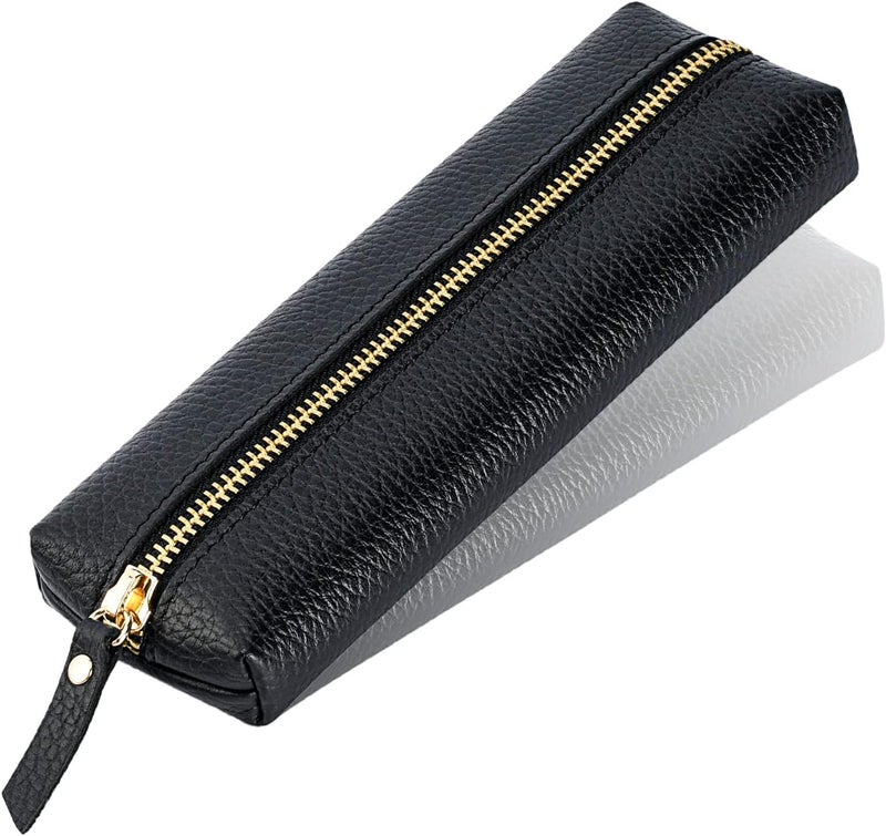 Excefore Genuine Leather Pen Case, Portable Cowhide Pencil Pouch with Zipper, Soft Black Simple Pen Bag for Adults, Student, Writer - Image 1
