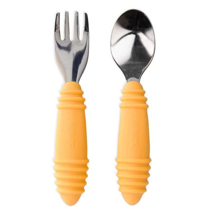 Bumkins Toddler Utensils, Kids Size Fork and Spoon Set, Silicone and Stainless-Steel Training Silverware, Angled Forks / Sporks for Self-Feeding, Children Learning to Eat, 18 Mos Up, Tangerine Orange - Image 1