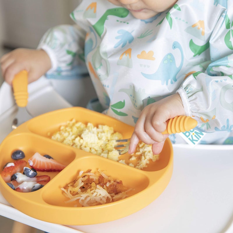 Bumkins Toddler Utensils, Kids Size Fork and Spoon Set, Silicone and Stainless-Steel Training Silverware, Angled Forks / Sporks for Self-Feeding, Children Learning to Eat, 18 Mos Up, Tangerine Orange - Image 2