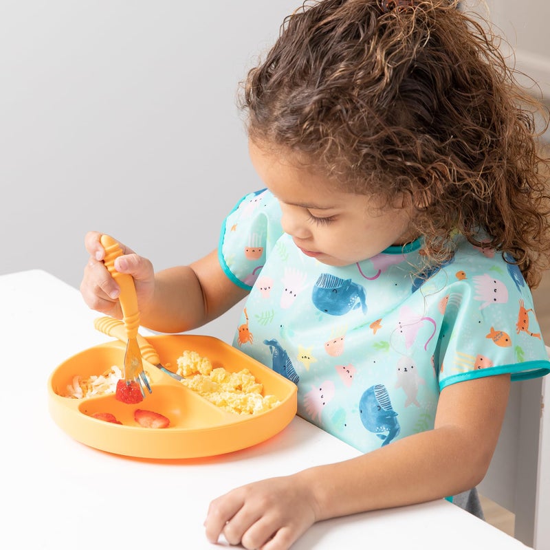 Bumkins Toddler Utensils, Kids Size Fork and Spoon Set, Silicone and Stainless-Steel Training Silverware, Angled Forks / Sporks for Self-Feeding, Children Learning to Eat, 18 Mos Up, Tangerine Orange - Image 3