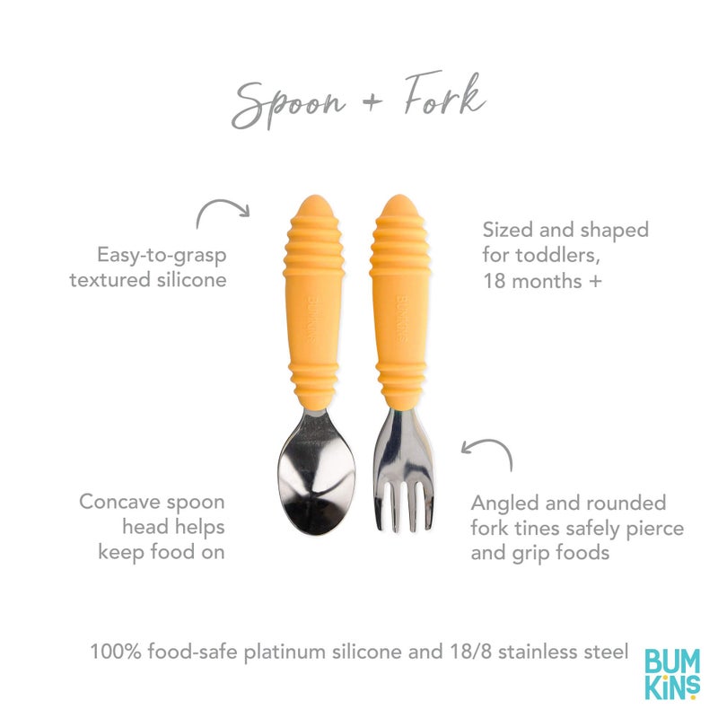 Bumkins Toddler Utensils, Kids Size Fork and Spoon Set, Silicone and Stainless-Steel Training Silverware, Angled Forks / Sporks for Self-Feeding, Children Learning to Eat, 18 Mos Up, Tangerine Orange - Image 5