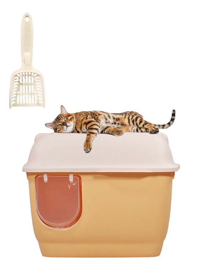 Large cat toilet with long aisle corridor style cats litter box, Fully enclosed durable cat toilet with litter scoop, Anti-Splashing, Odorless and open cover (Orange) 57 cm L