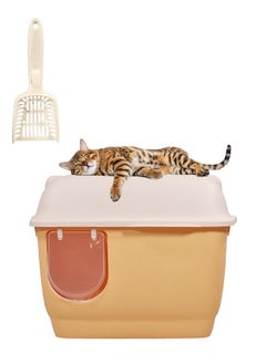 Large cat toilet with long aisle corridor style cats litter box, Fully enclosed durable cat toilet with litter scoop, Anti-Splashing, Odorless and open cover (Orange) 57 cm L