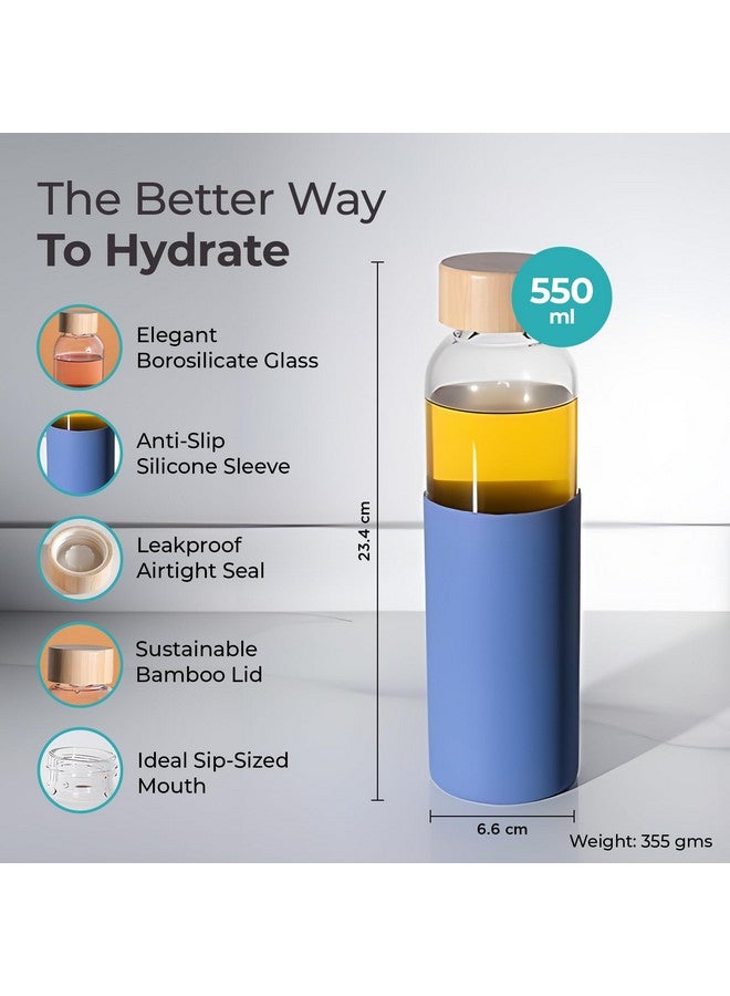 The Better Home UMAI Glass Water Bottle 550ml | BPA Free with Bamboo Lid | Leak Proof Portable Bottle for Office Gym School | Non Slip Sleeve | Blue - Image 3