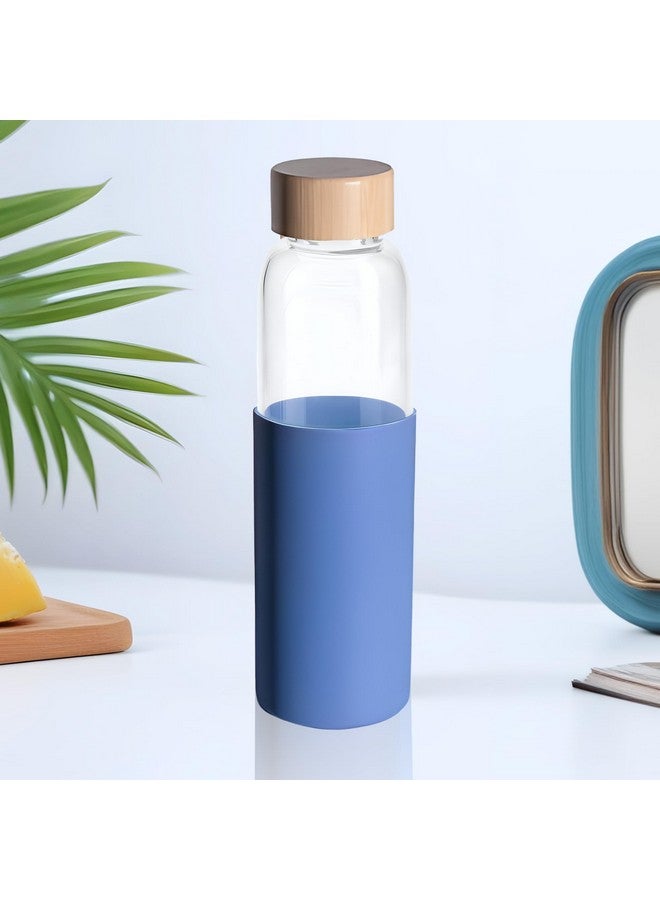 The Better Home UMAI Glass Water Bottle 550ml | BPA Free with Bamboo Lid | Leak Proof Portable Bottle for Office Gym School | Non Slip Sleeve | Blue - Image 1
