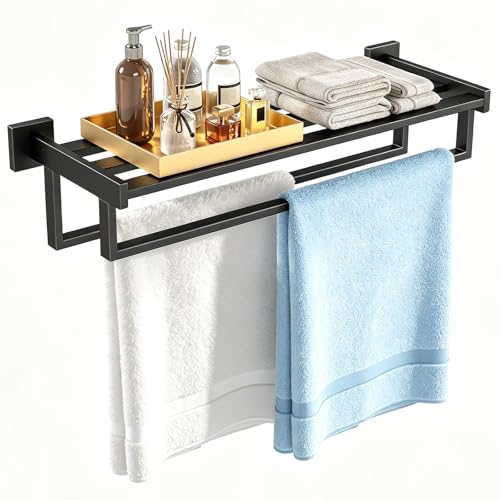 STWWO Towel Racks for Bathroom Wall Mounted 24 Inch Double Towel Bar Dual Towel Rack with Shelf Stainless Steel Hand Towel Hanger Bath Towel Holder for Wall Black - Image 1