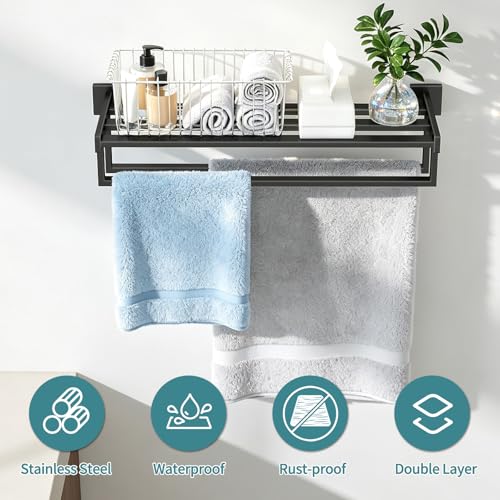 STWWO Towel Racks for Bathroom Wall Mounted 24 Inch Double Towel Bar Dual Towel Rack with Shelf Stainless Steel Hand Towel Hanger Bath Towel Holder for Wall Black - Image 3