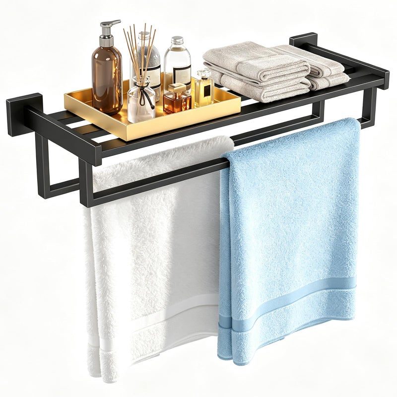 STWWO Towel Racks for Bathroom Wall Mounted 24 Inch Double Towel Bar Dual Towel Rack with Shelf Stainless Steel Hand Towel Hanger Bath Towel Holder for Wall Black - Image 2