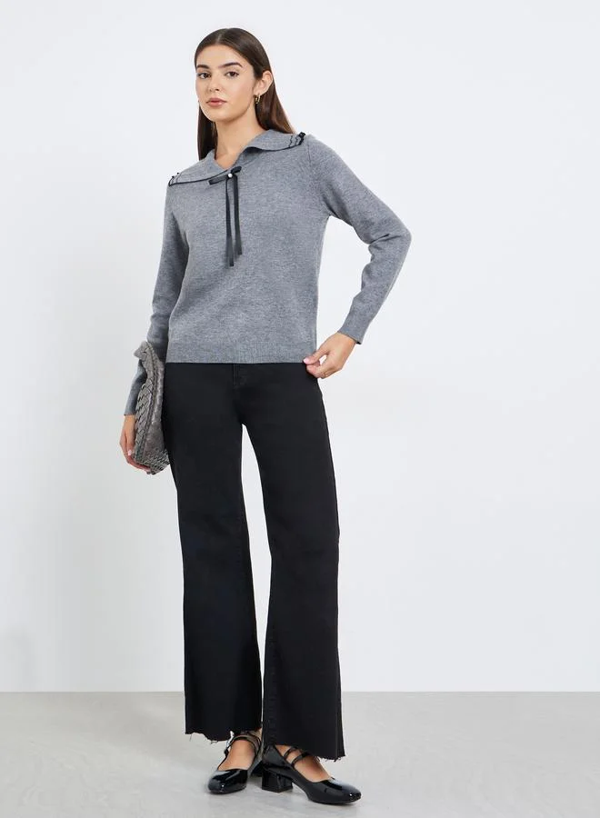 Take Two Flat Lapel Bow Detail Long Sleeve Sweater