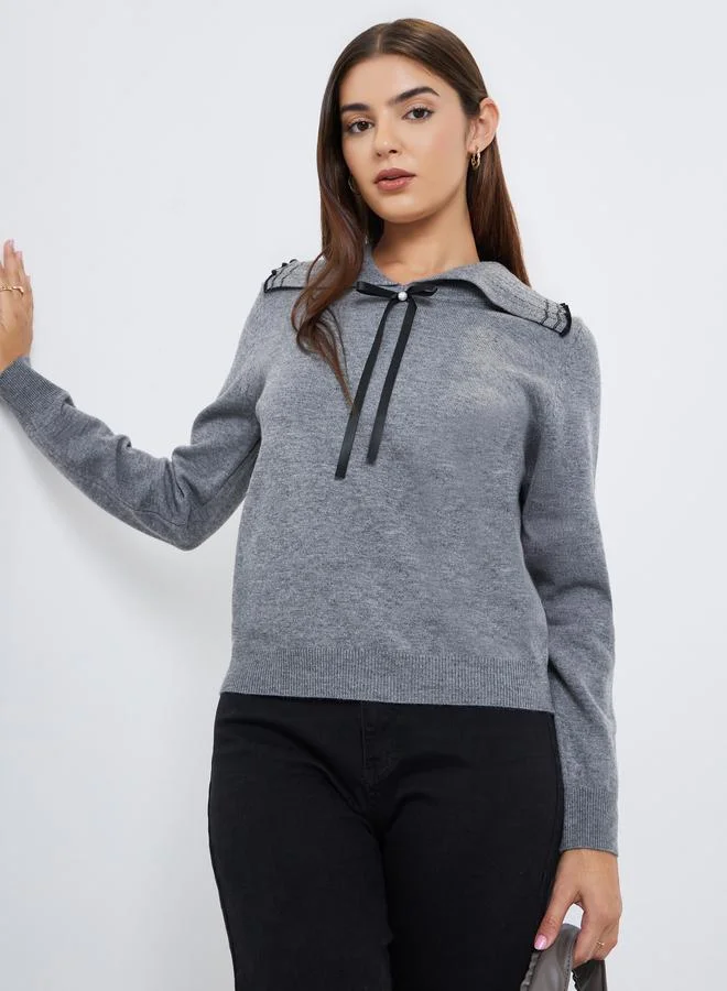 Take Two Flat Lapel Bow Detail Long Sleeve Sweater