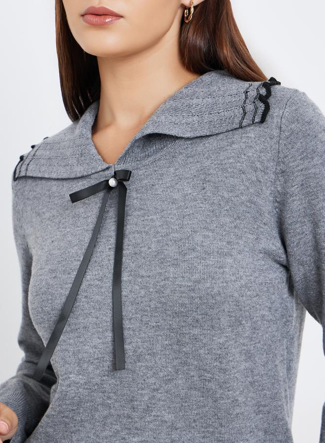 تايك تو سويتر بياقة مسطحة مزين بفيونكة وأكمام طويلة - Image 3