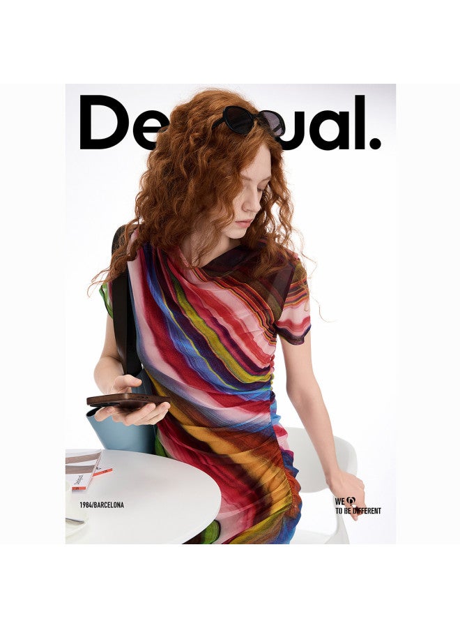 DESIGUAL spanish Luxury Stretch Georgette Printed Cowl Neck Short Sleeve Dress - Image 4