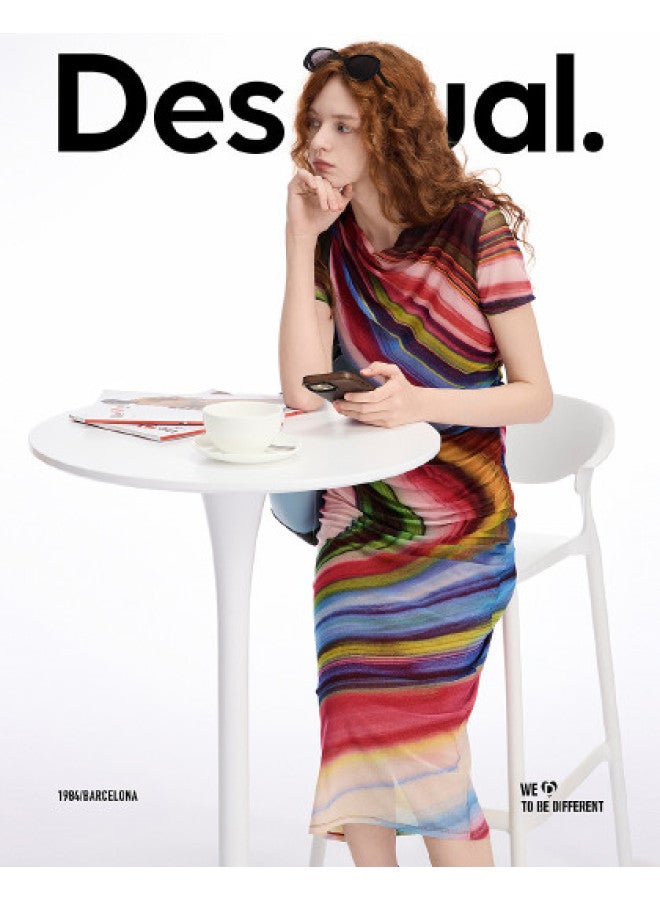 DESIGUAL spanish Luxury Stretch Georgette Printed Cowl Neck Short Sleeve Dress - Image 1