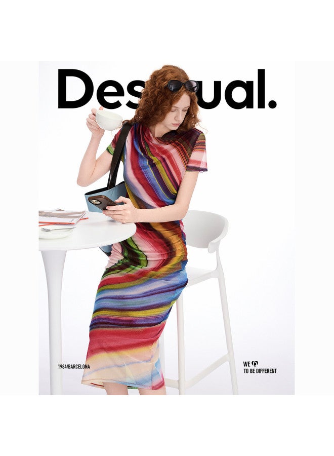 DESIGUAL spanish Luxury Stretch Georgette Printed Cowl Neck Short Sleeve Dress - Image 5