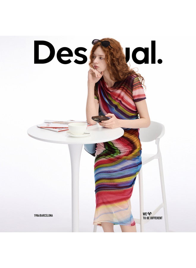 DESIGUAL spanish Luxury Stretch Georgette Printed Cowl Neck Short Sleeve Dress - Image 2