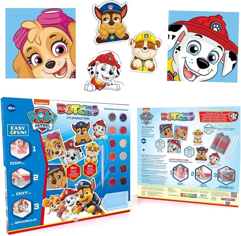 DIAMOND DOTZ DTZ10.008 Original 5D Diamond Painting Set Paw Patrol with 6 Designs: 3 Pictures 15 x 15 cm, 3 Stickers, DIY Diamond Complete Set for Children from 6 Years Extra Sparkling Blue