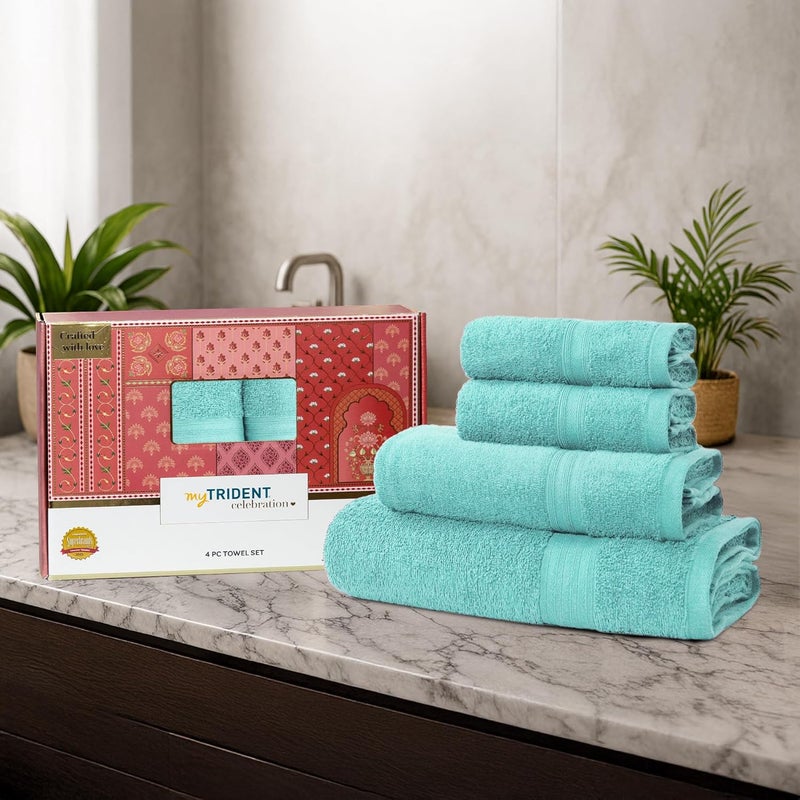 MYTRIDENT Celebration Towels for Bath Large Size, 4 PC Towel Set, 1 Bath, 1 Small Bath, 2 Hand, Mist Green - Image 1
