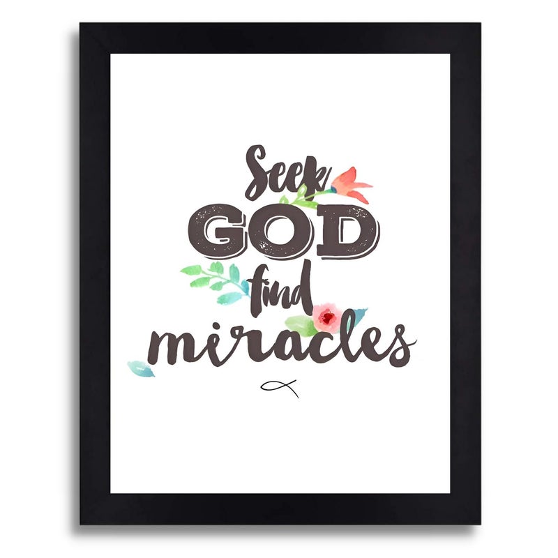 Interio Crafts Bible Verse Wall Frame Seek God Find Miracles Positive Inspirational Quote Poster for Home and Office Wall Decor Synthetic Wood 13x10 Inches - Image 1