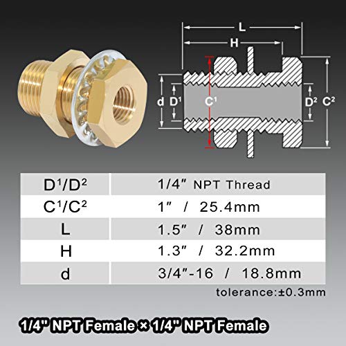 Boeray 2pcs Brass Bulkhead Fittings 1/4” NPT Female to 1/4” NPT Female Thread Bulkhead Straight Connector Brass Coupling 1.5” Length Outer Diameter 3/4”-16 Bulkhead Tank Air Hose Line Pipe Fittings - Image 2