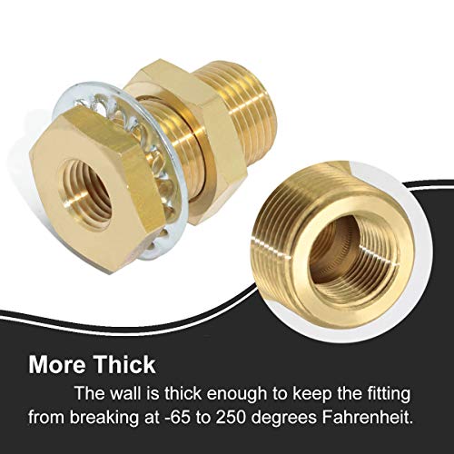 Boeray 2pcs Brass Bulkhead Fittings 1/4” NPT Female to 1/4” NPT Female Thread Bulkhead Straight Connector Brass Coupling 1.5” Length Outer Diameter 3/4”-16 Bulkhead Tank Air Hose Line Pipe Fittings - Image 3