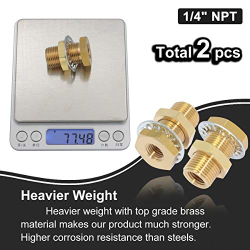 Boeray 2pcs Brass Bulkhead Fittings 1/4” NPT Female to 1/4” NPT Female Thread Bulkhead Straight Connector Brass Coupling 1.5” Length Outer Diameter 3/4”-16 Bulkhead Tank Air Hose Line Pipe Fittings - Image 5