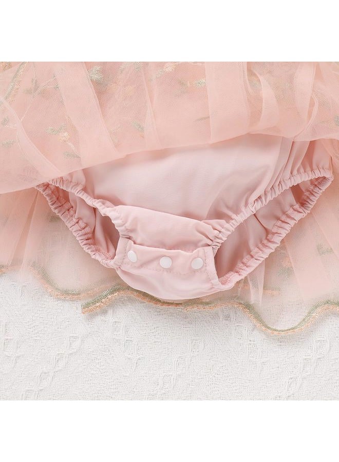 ODASDO Baby Girls Floral Embroidery Tulle Tutu Romper Dress Headband Set for First Birthday Party Cake Smash Wedding, Pink, 12-18 Months - Image 2