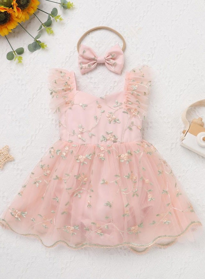 ODASDO Baby Girls Floral Embroidery Tulle Tutu Romper Dress Headband Set for First Birthday Party Cake Smash Wedding, Pink, 12-18 Months - Image 3