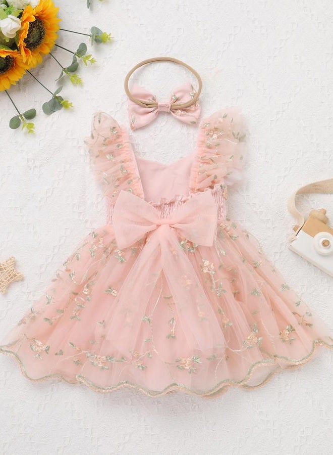 ODASDO Baby Girls Floral Embroidery Tulle Tutu Romper Dress Headband Set for First Birthday Party Cake Smash Wedding, Pink, 12-18 Months - Image 4