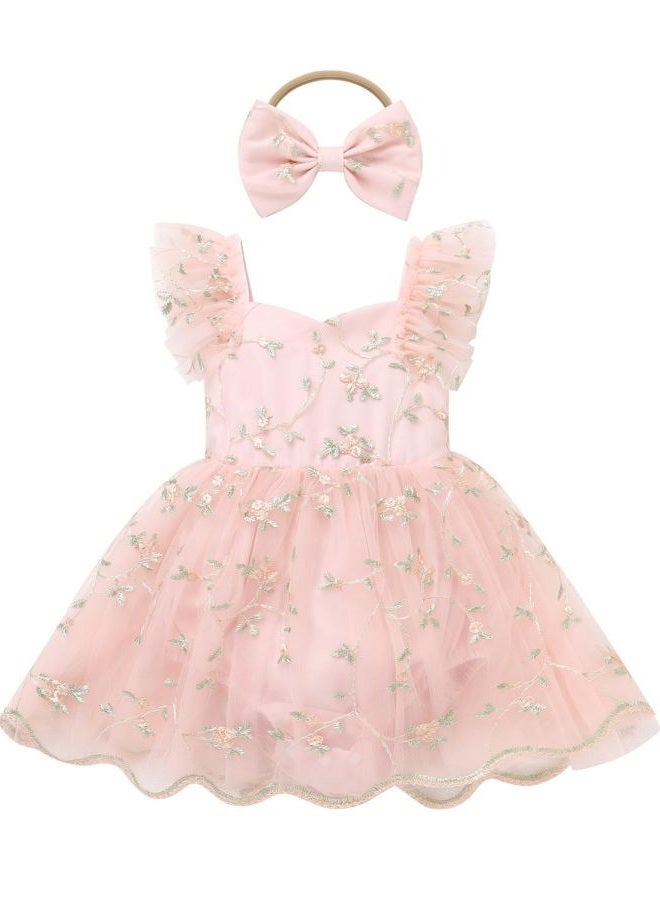 ODASDO Baby Girls Floral Embroidery Tulle Tutu Romper Dress Headband Set for First Birthday Party Cake Smash Wedding, Pink, 12-18 Months - Image 1