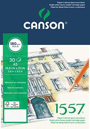 CANSON 1557 Extra White 180gsm A5 Drawing Paper, Light Grain, 30 Sheets, for Professional Artists & Illustrators - Image 1