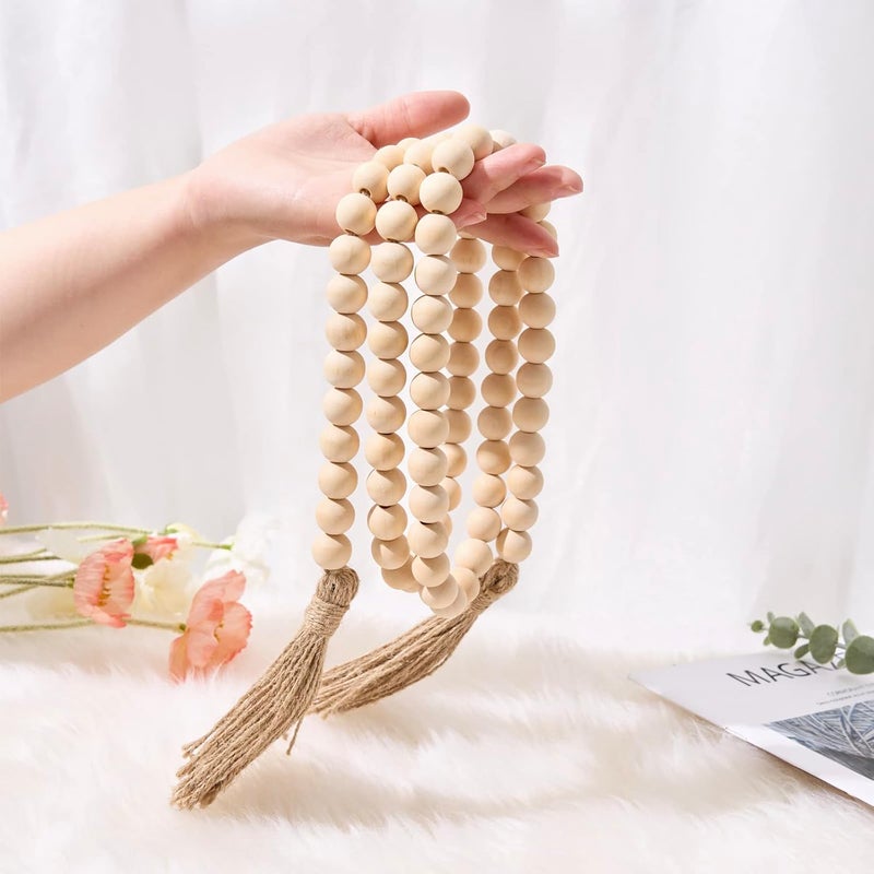 OMISHE 59in Wood Bead Garland with Tassels, Decorative Beads Decor, Farmhouse Wooden Beads Garland for Wall Hanging Home Festival Decor, Natural Beige - Image 3