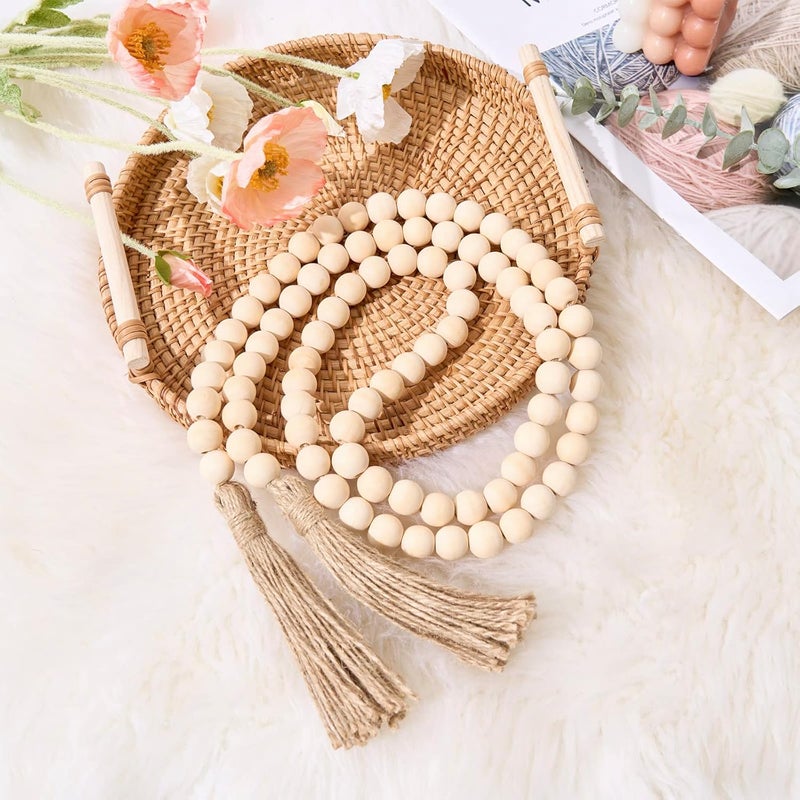 OMISHE 59in Wood Bead Garland with Tassels, Decorative Beads Decor, Farmhouse Wooden Beads Garland for Wall Hanging Home Festival Decor, Natural Beige - Image 1