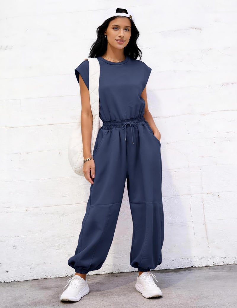 Flygo Womens Casual Jumpsuit Crewneck Cap Sleeve Long Wide Leg Pants One Piece Outfits Drawstring Romper with Pockets(NavyBlue-M) - Image 5