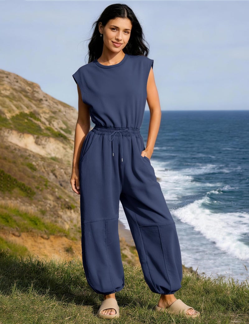 Flygo Womens Casual Jumpsuit Crewneck Cap Sleeve Long Wide Leg Pants One Piece Outfits Drawstring Romper with Pockets(NavyBlue-M) - Image 2