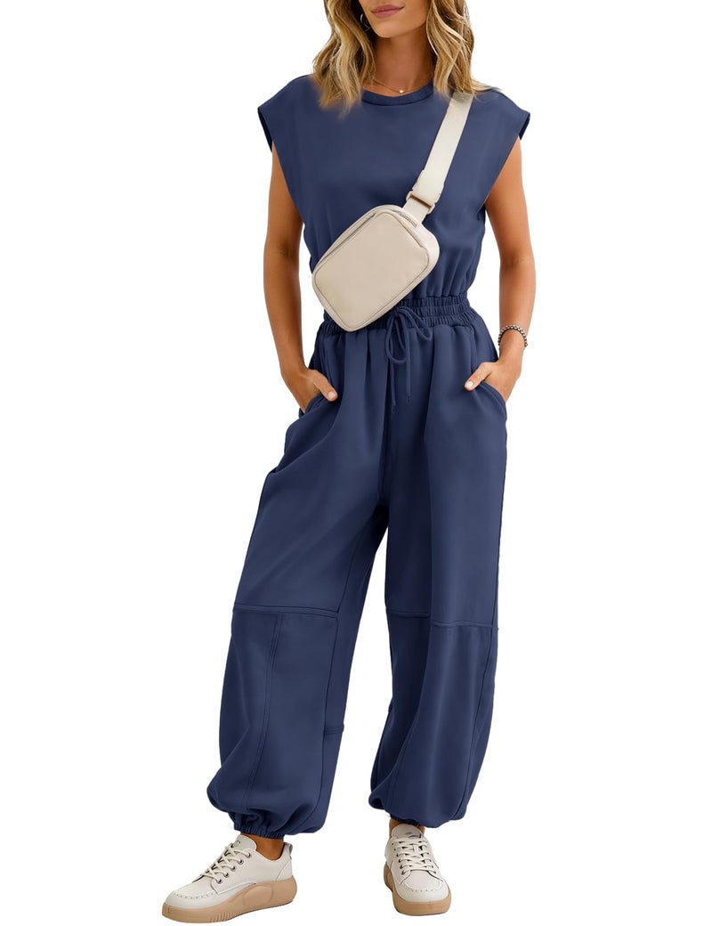 Flygo Womens Casual Jumpsuit Crewneck Cap Sleeve Long Wide Leg Pants One Piece Outfits Drawstring Romper with Pockets(NavyBlue-M) - Image 1