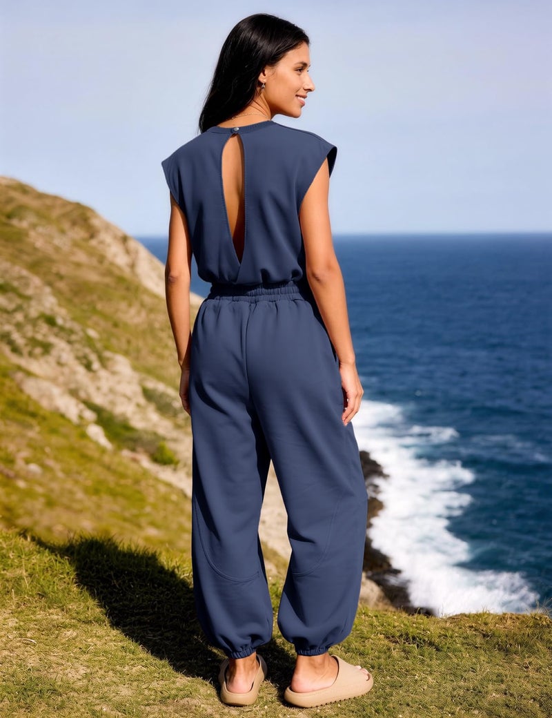 Flygo Womens Casual Jumpsuit Crewneck Cap Sleeve Long Wide Leg Pants One Piece Outfits Drawstring Romper with Pockets(NavyBlue-M) - Image 4