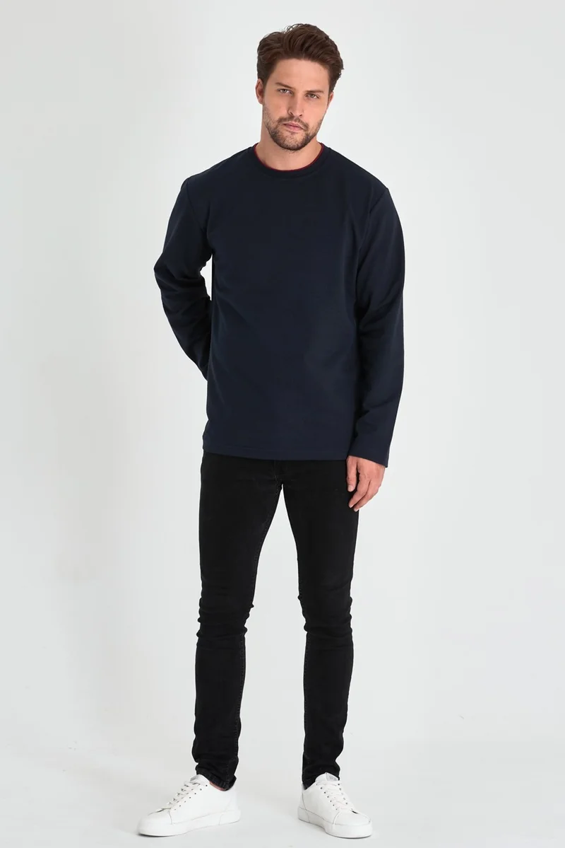 mmetalic Metalic Men's Navy Blue Double Crew Neck Standard Relaxed Cut Sweatshirt