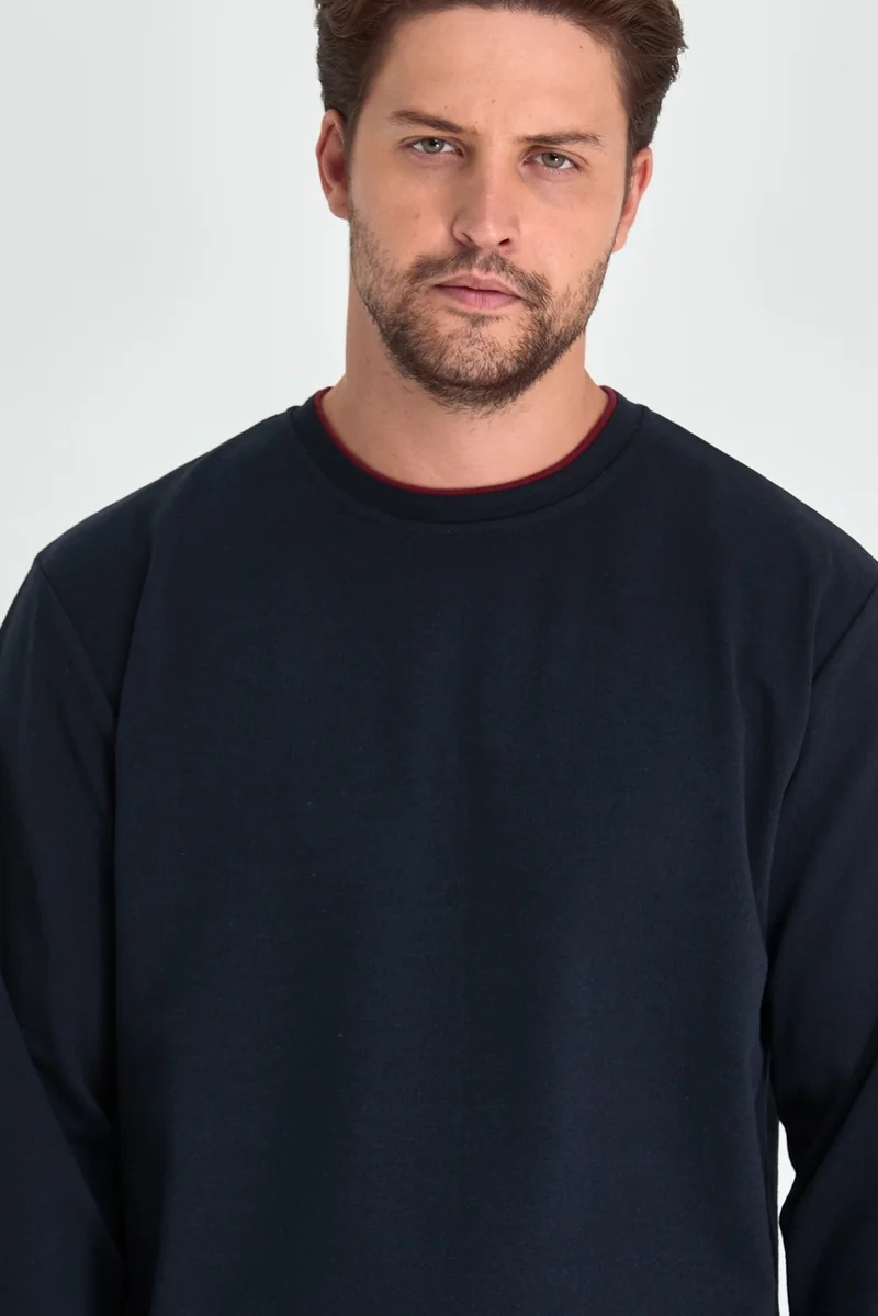 mmetalic Metalic Men's Navy Blue Double Crew Neck Standard Relaxed Cut Sweatshirt