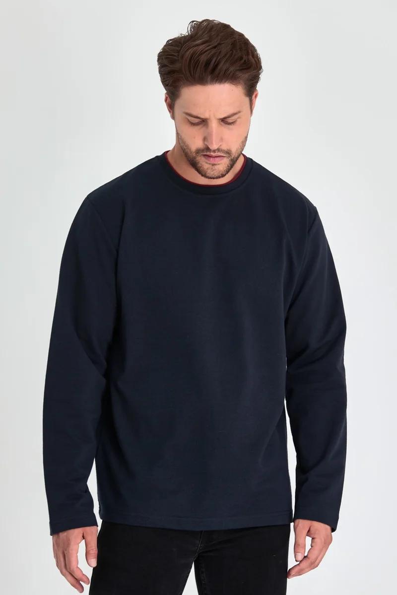 mmetalic Metalic Men's Navy Blue Double Crew Neck Standard Relaxed Cut Sweatshirt
