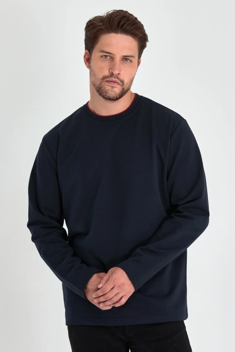 mmetalic Metalic Men's Navy Blue Double Crew Neck Standard Relaxed Cut Sweatshirt