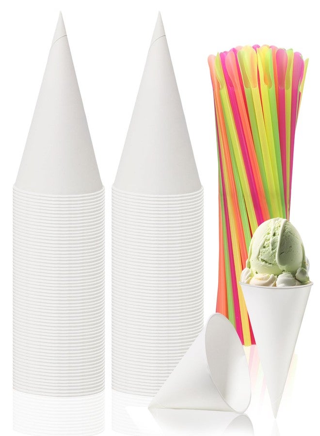 Xloey 6 oz Snow Cone Cups and Straws,100pcs White Paper Cone Cups, with 100pcs Neon Spoon Straws,Leakproof Snow Cone Cups for Ice Cream,Shaved Ice,Water - Image 1