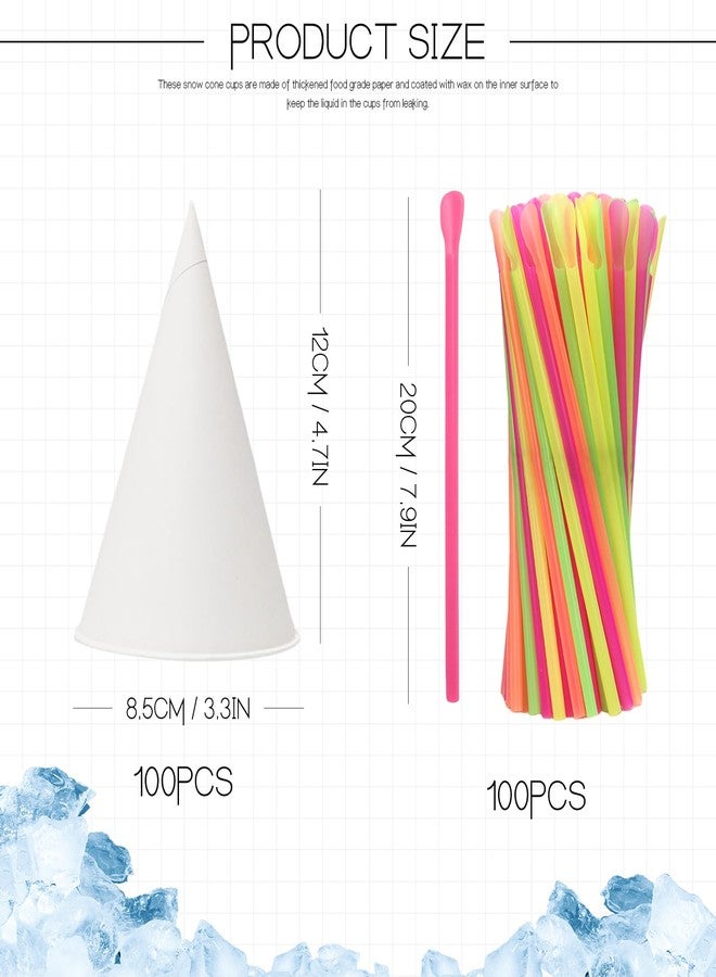 Xloey 6 oz Snow Cone Cups and Straws,100pcs White Paper Cone Cups, with 100pcs Neon Spoon Straws,Leakproof Snow Cone Cups for Ice Cream,Shaved Ice,Water - Image 2
