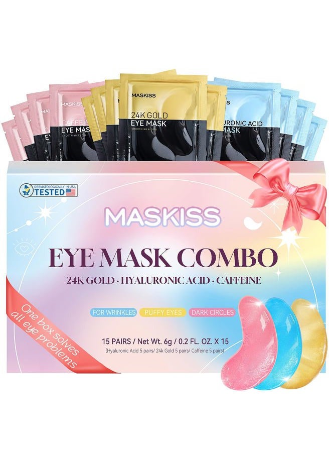 Maskiss Under Eye Patches (15 Pairs), Valentine's Day Gifts for Her, 3 Colors Eye Masks Gift Set for Dark Circles Puffy Eyes, Undereye Bags and Wrinkles, Vegan Skin Care Gifts for Teen Girls - Image 1