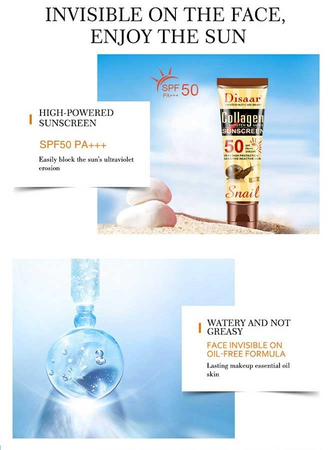 Disaar Collagen Sunscreen Cream 50g, SPF 50+ Water Resistant & Whitening ,  Protect Skin From UV Rays, Can Blend Into The Skin Perfectly Under Makeup As Well, Perfect for All Skin Types - Image 5