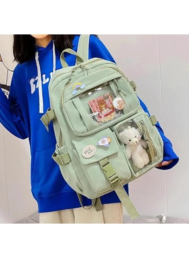 Kids School Backpack with Multiple Pockets and Accessories | Clear Window Pockets, Plush Bear Included, 30 x 40 x 11 cm, Decorative Pins, Girls School Bag - Image 4
