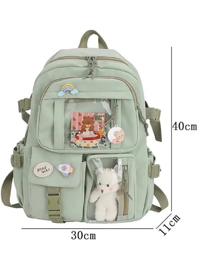 Kids School Backpack with Multiple Pockets and Accessories | Clear Window Pockets, Plush Bear Included, 30 x 40 x 11 cm, Decorative Pins, Girls School Bag - Image 3