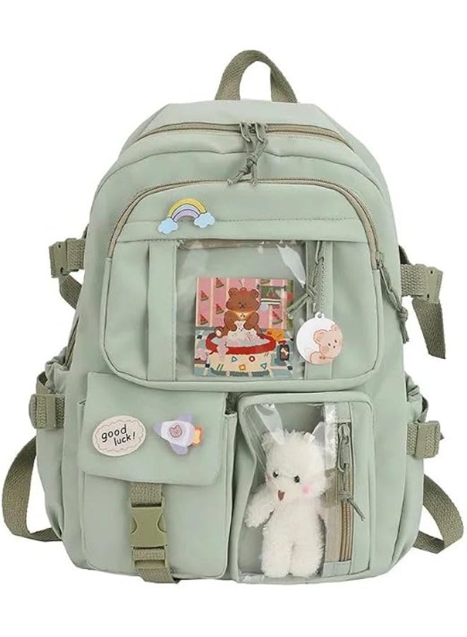 Kids School Backpack with Multiple Pockets and Accessories | Clear Window Pockets, Plush Bear Included, 30 x 40 x 11 cm, Decorative Pins, Girls School Bag - Image 1
