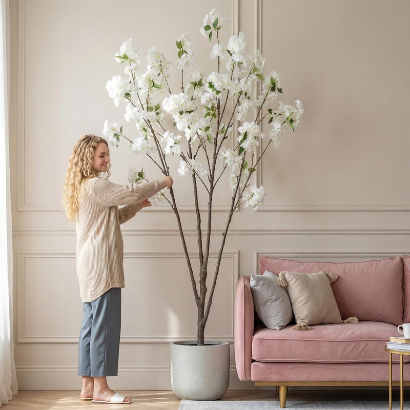 Ttranewsoo Fake Tree Cherry Blossom Tree Artificial Cherry Blossom Tree Tall Fake Plant Faux Trees Indoor Fake Trees Artificial Trees Home Decor Indoor Applies to Living Room Bedroom (81.9'' White) - Image 1