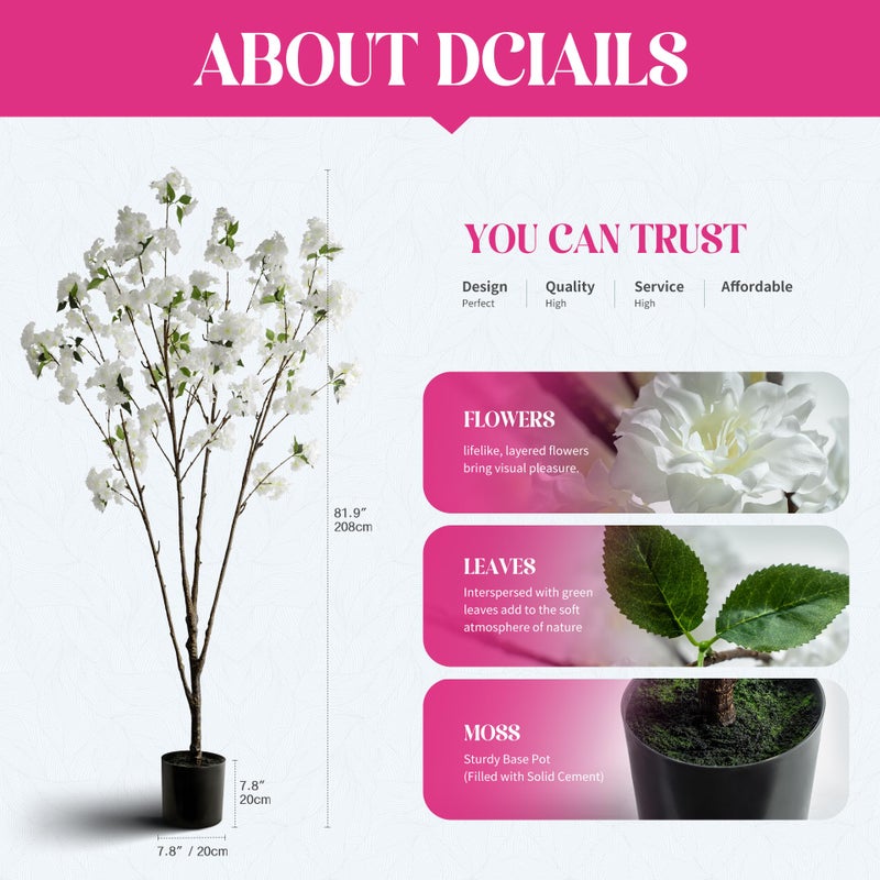 Ttranewsoo Fake Tree Cherry Blossom Tree Artificial Cherry Blossom Tree Tall Fake Plant Faux Trees Indoor Fake Trees Artificial Trees Home Decor Indoor Applies to Living Room Bedroom (81.9'' White) - Image 2