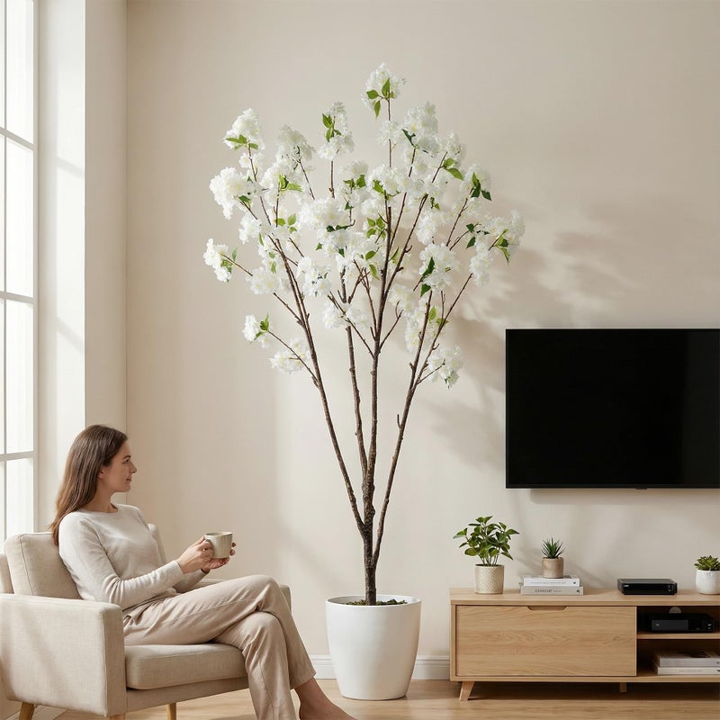 Ttranewsoo Fake Tree Cherry Blossom Tree Artificial Cherry Blossom Tree Tall Fake Plant Faux Trees Indoor Fake Trees Artificial Trees Home Decor Indoor Applies to Living Room Bedroom (81.9'' White) - Image 5